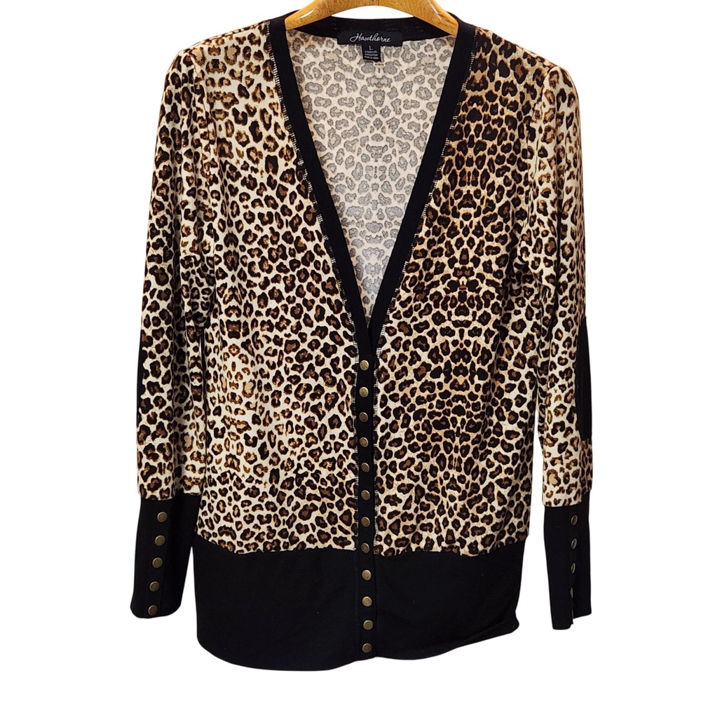 Hawthorne Leopard Print Cardigan Sweater Black Trim Snap‎ Front Women Size L